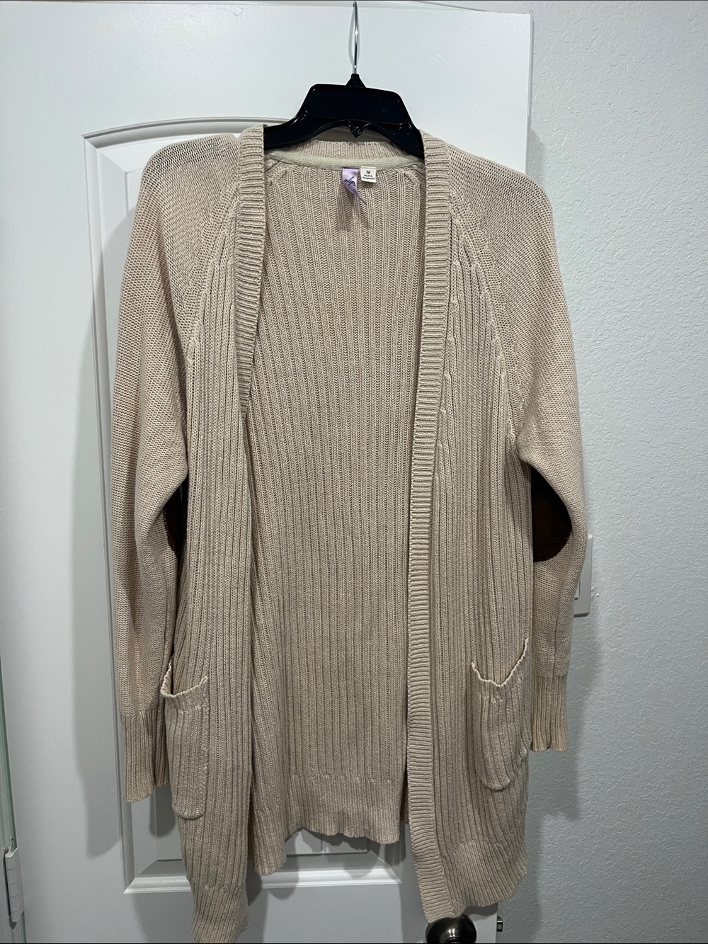 Alya Beige Ribbed Open-Front Cardigan with Pockets